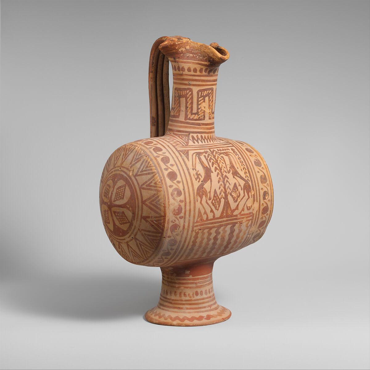 Terracotta barrel-shaped oinochoe (jug), Terracotta, Etruscan, Italo-geometric 