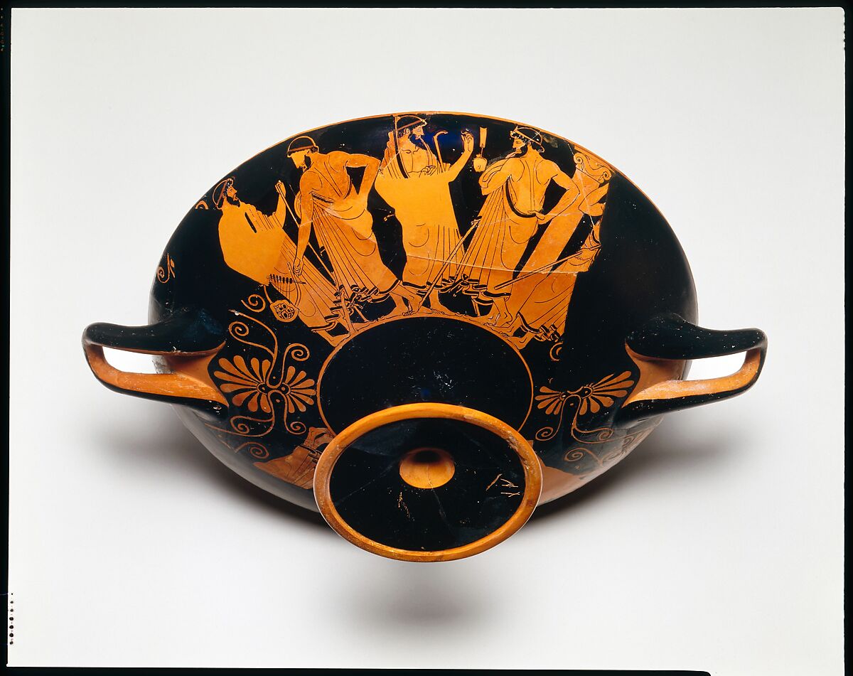 Terracotta kylix (drinking cup), Attributed to Douris, Terracotta, Greek, Attic