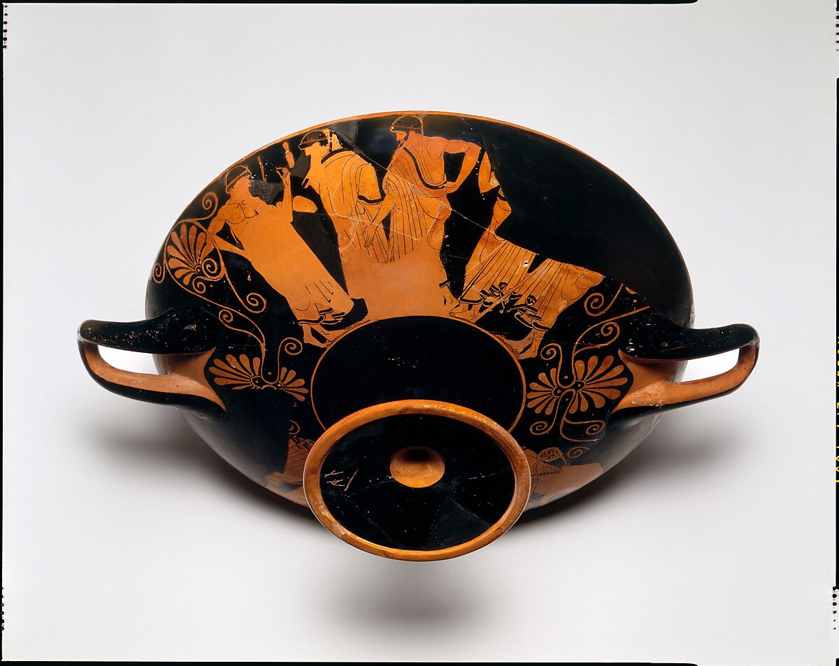 Terracotta kylix (drinking cup), Attributed to Douris, Terracotta, Greek, Attic