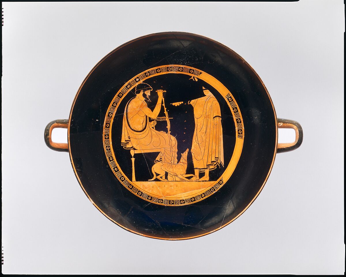 Terracotta kylix (drinking cup), Attributed to Douris, Terracotta, Greek, Attic 