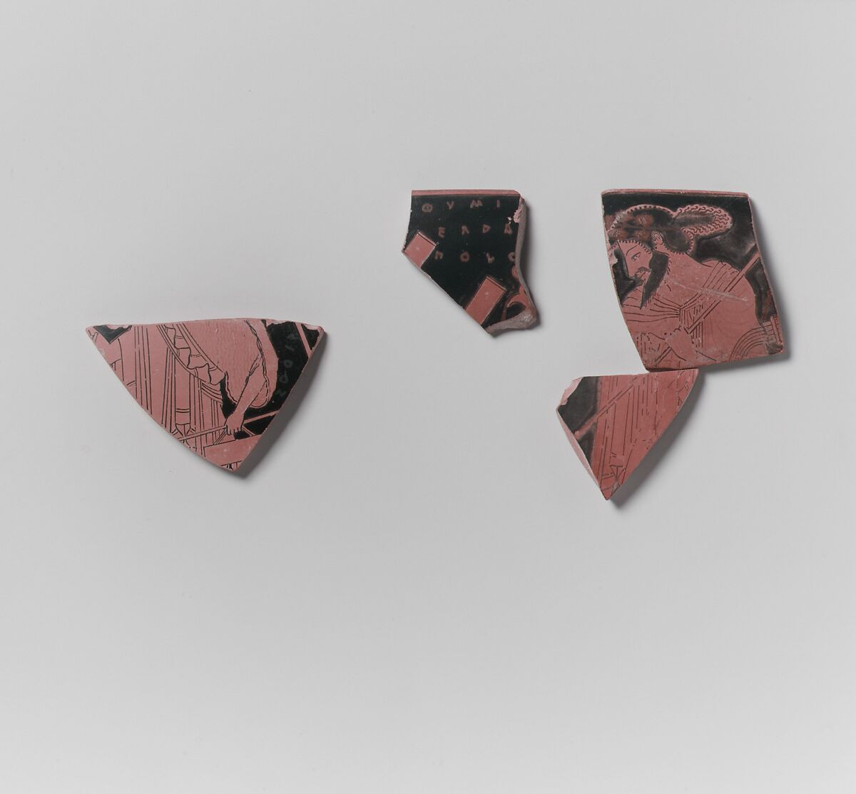 Fragments of a terracotta kylix (drinking cup), Attributed to Euthymides, Terracotta, Greek, Attic