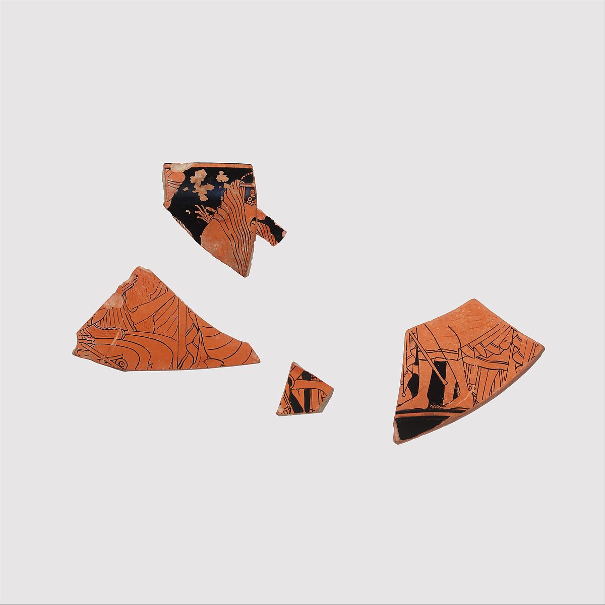 Fragments of a terracotta kylix (drinking cup), Attributed to Euthymides, Terracotta, Greek, Attic 