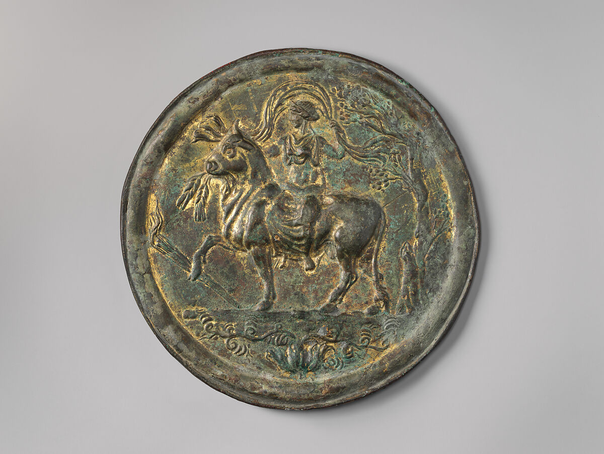 Bronze mirror with traces of gilding, Bronze, Gold, Roman