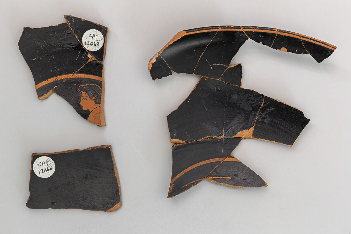 Kylix fragments, Attributed to the Thalia Painter, Terracotta, Greek, Attic