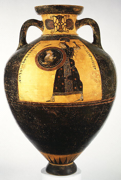 Terracotta Panathenaic prize amphora (jar), Signed by Nikias as potter, Terracotta, Greek, Attic