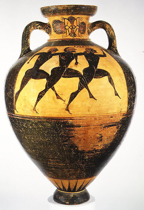 Terracotta Panathenaic prize amphora (jar), Signed by Nikias as potter, Terracotta, Greek, Attic
