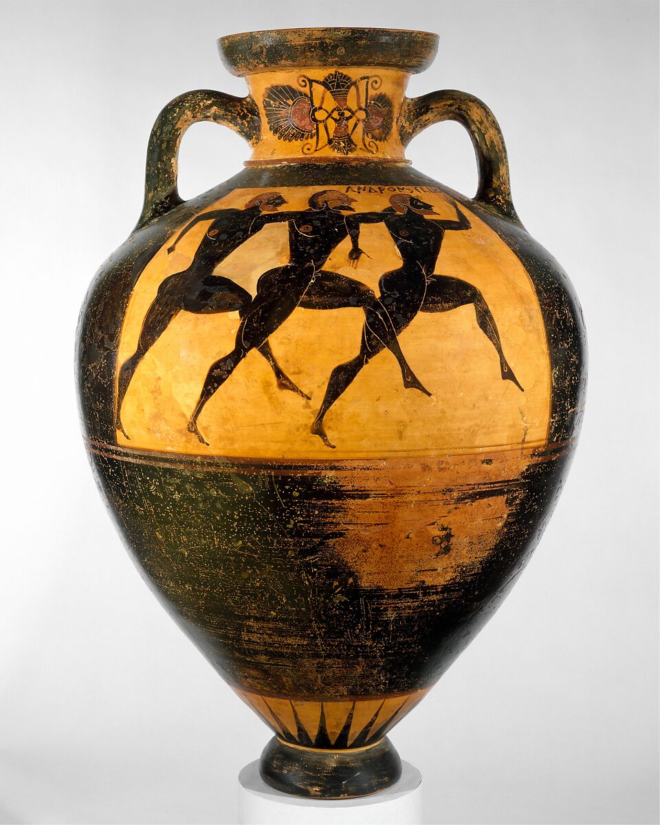 Terracotta Panathenaic prize amphora (jar), Nikias as potter, Terracotta, Greek, Attic