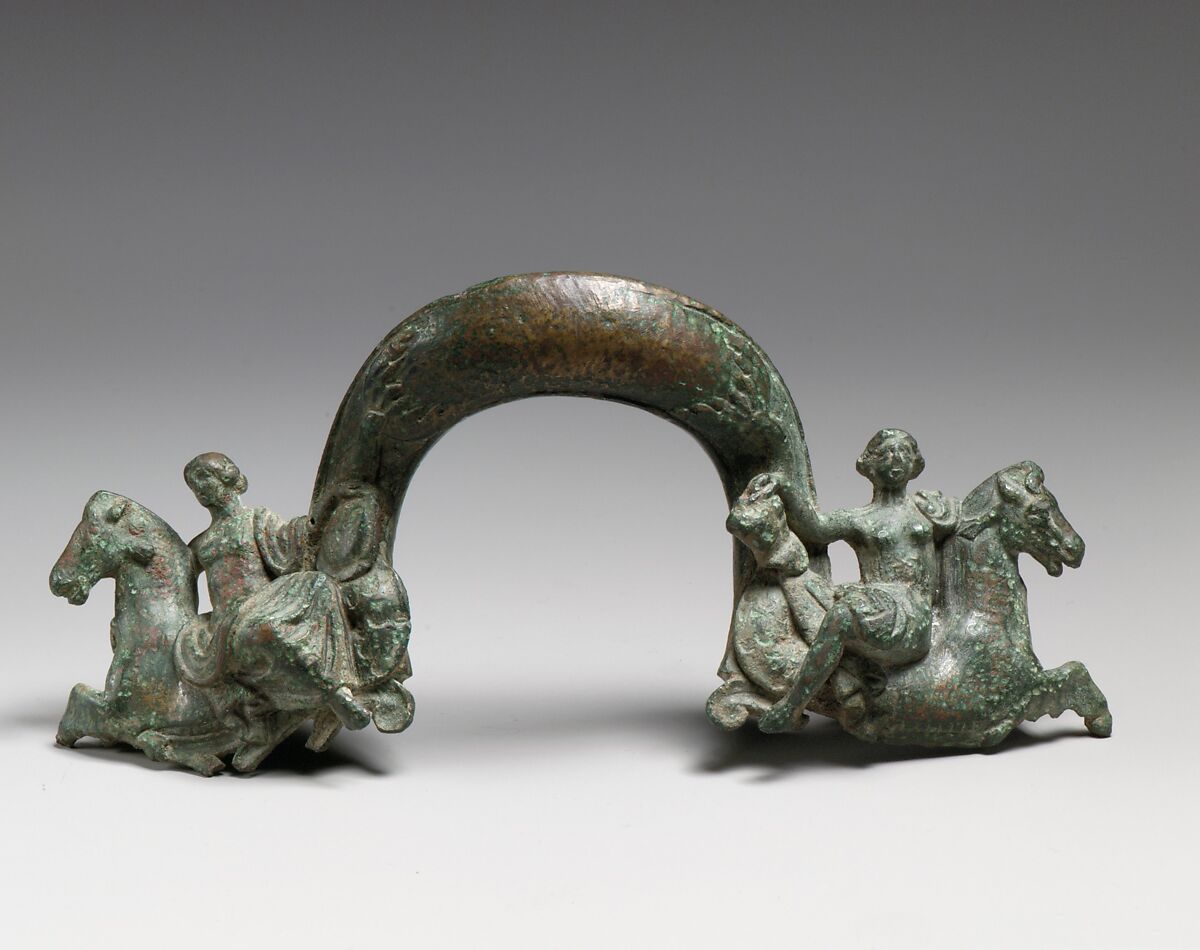 Bronze handle of a shallow basin, Bronze, Greek 