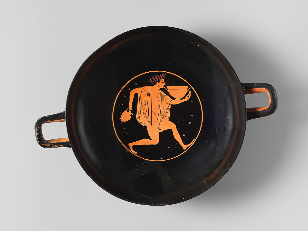 Terracotta kylix (drinking cup), Signed by Epiktetos as painter, Terracotta, Greek, Attic 