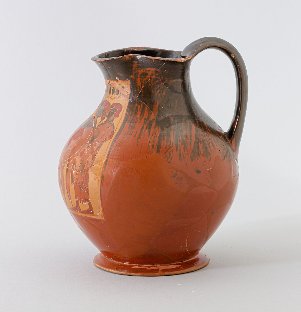 Terracotta oinochoe: chous (jug), Attributed to the Amasis Painter, Terracotta, Greek, Attic