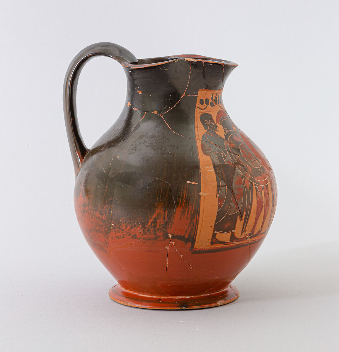 Terracotta oinochoe: chous (jug), Attributed to the Amasis Painter, Terracotta, Greek, Attic