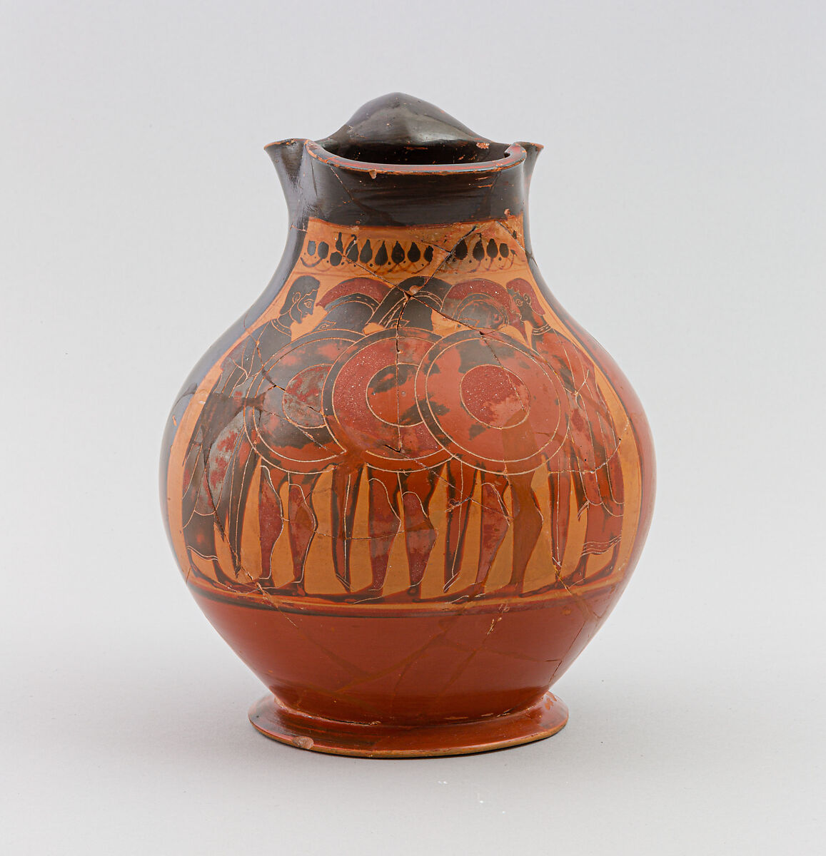 Terracotta oinochoe: chous (jug), Attributed to the Amasis Painter, Terracotta, Greek, Attic 