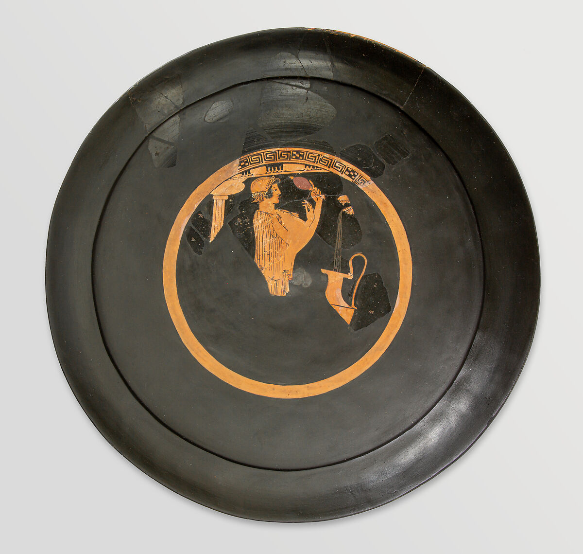 Fragmentary terracotta kylix (drinking cup), Attributed to the Triptolemos Painter, Terracotta, Greek, Attic 