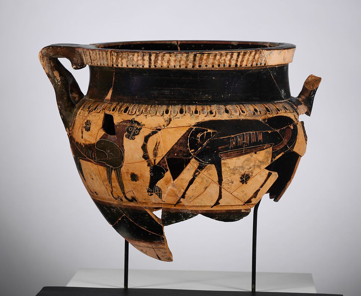 Terracotta krater (bowl for mixing wine and water) of Chalcidian shape, Terracotta, Greek, Corinthian 