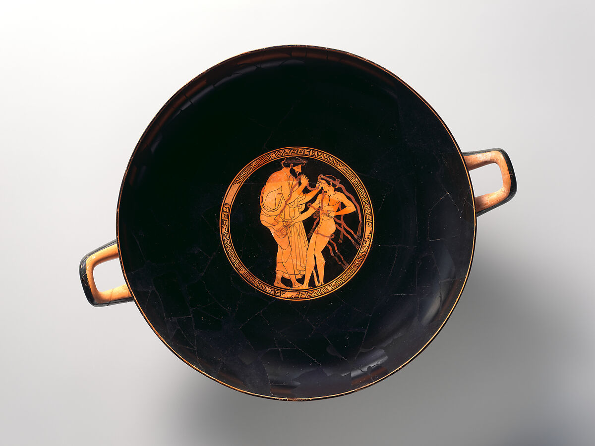 Terracotta kylix (drinking cup), joined by 1978.11.7a,d; 1980.304; 1988.11.5; 1989.43; 1990.170; 1995.540, Signed by Hieron as potter, Terracotta, Greek, Attic 
