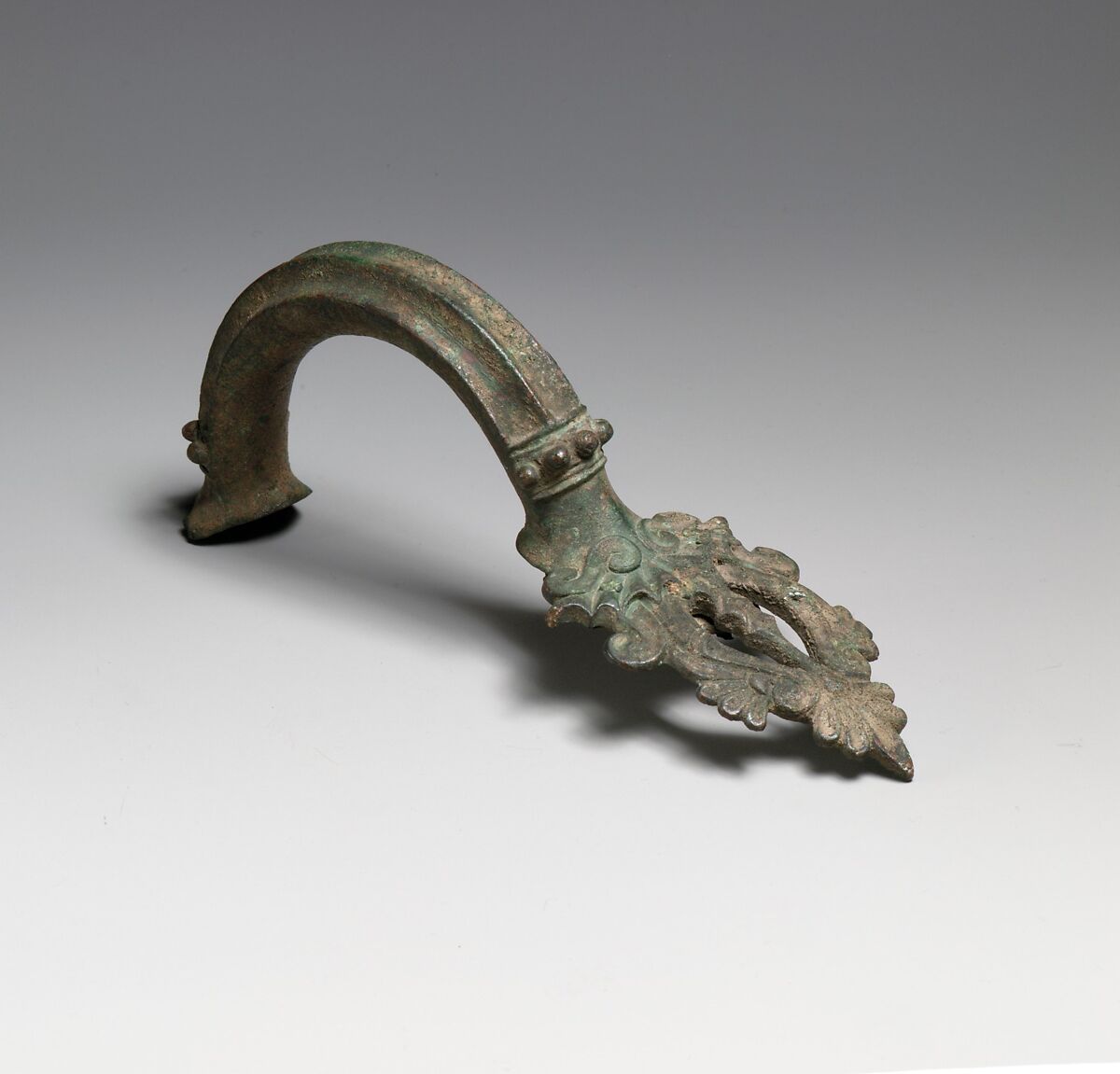 Bronze handle of a hydria (water jar), Bronze, Greek 