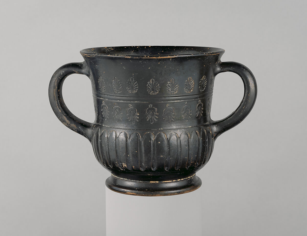 Terracotta kantharos (drinking cup with high handles), Terracotta, Greek, Attic 