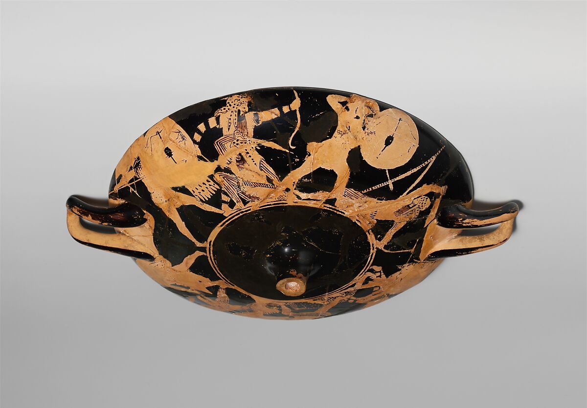 Kylix, Attributed to the Painter of the Paris Gigantomachy, Terracotta, Greek, Attic