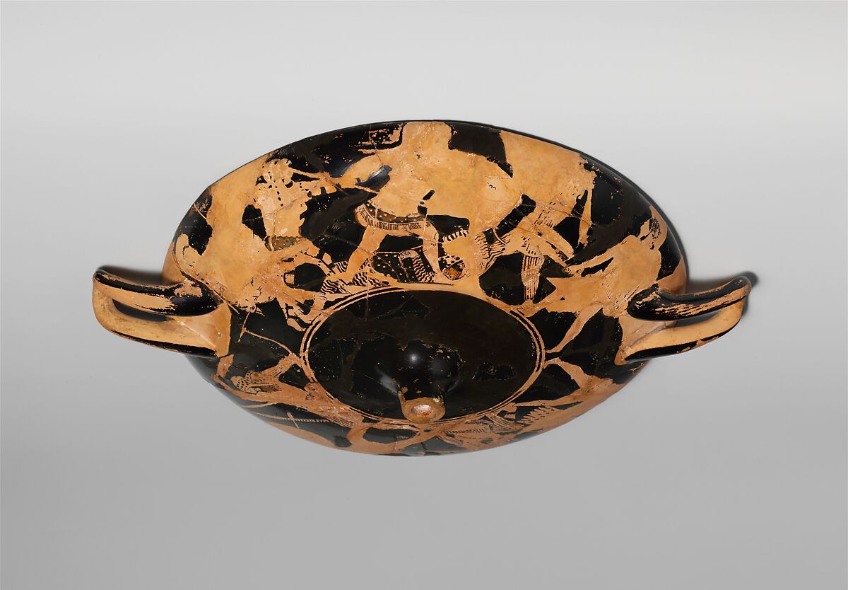 Kylix, Attributed to the Painter of the Paris Gigantomachy, Terracotta, Greek, Attic