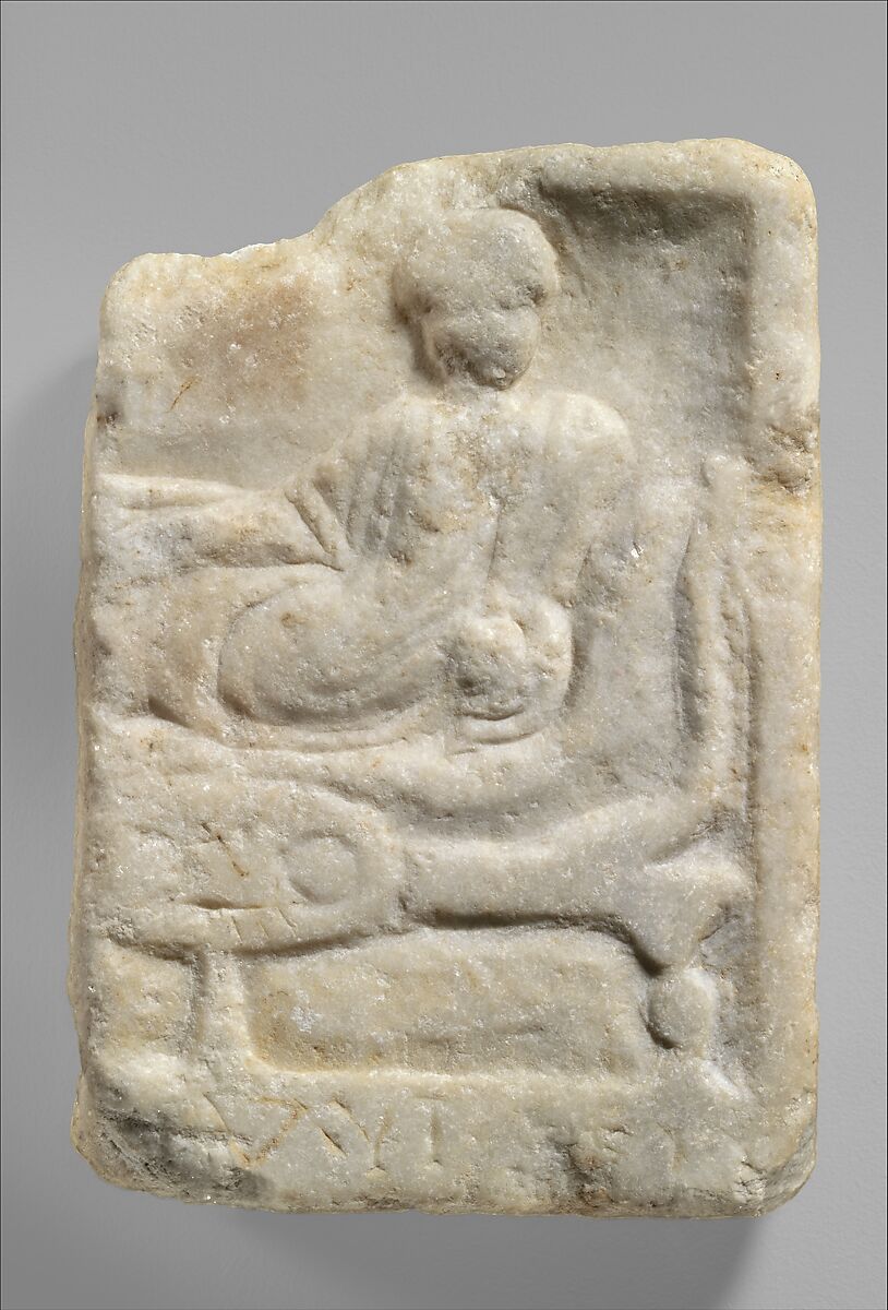 Fragment of a marble votive relief dedicated to a hero, Marble, Greek 