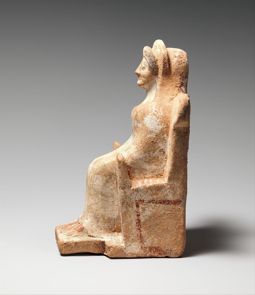 Terracotta statuette of a seated woman, Terracotta, Greek, probably Boeotian