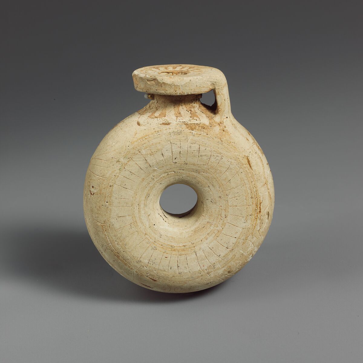 Terracotta ring aryballos (perfume vase), Terracotta, Greek, Corinthian 