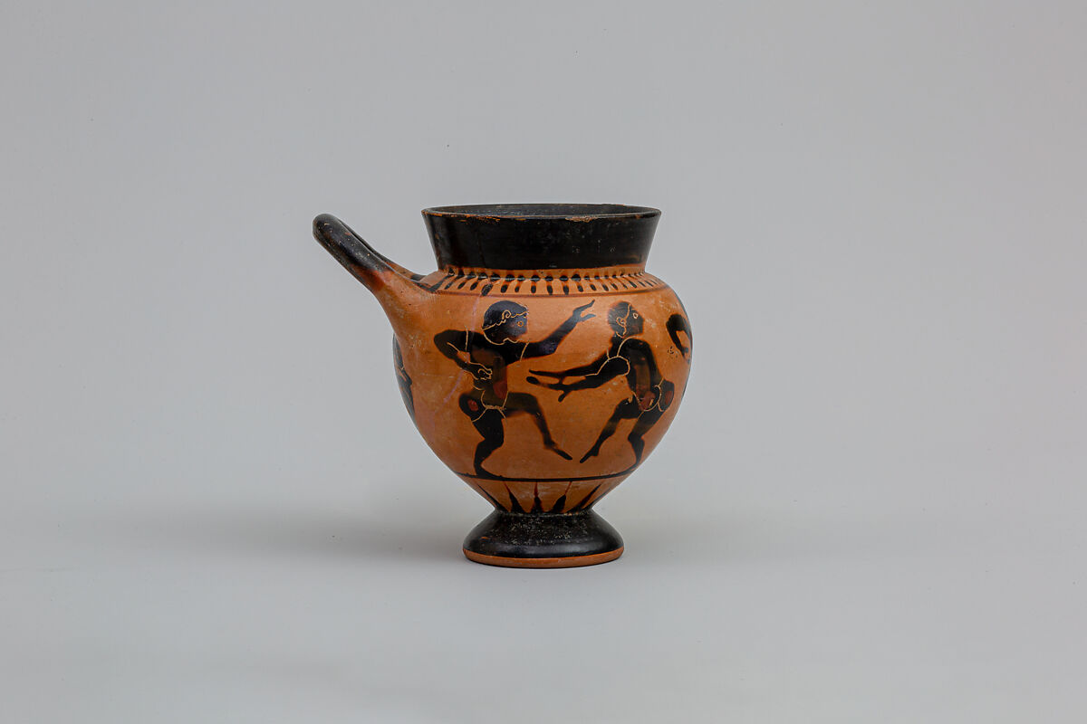 Terracotta one-handled drinking cup, Attributed to the Inscription Painter, Terracotta, Greek, Chalcidian 