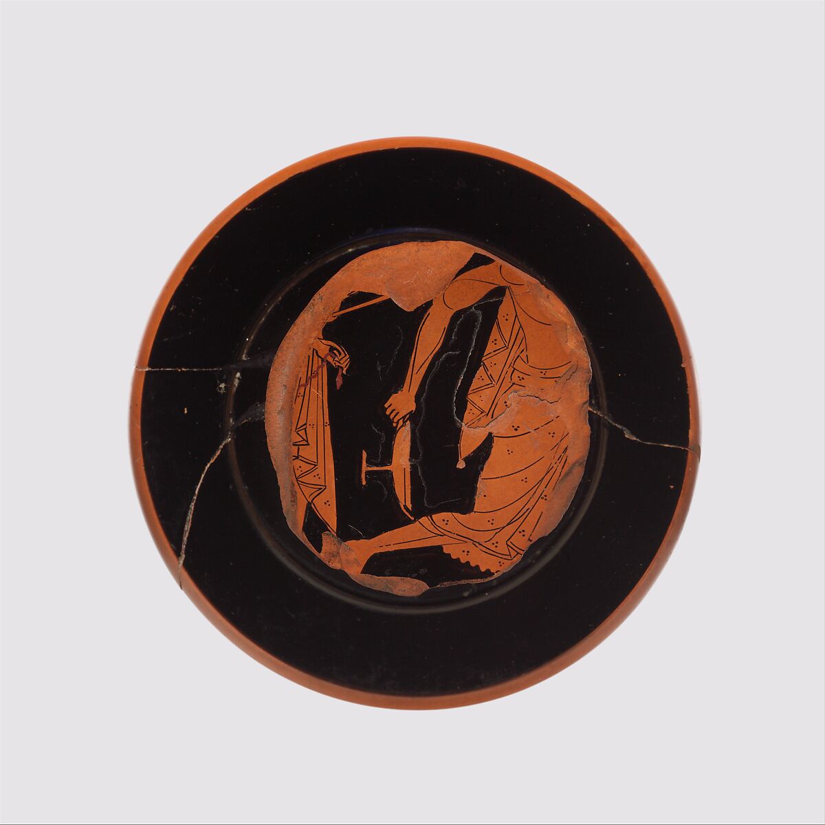 Fragments of a terracotta kylix (drinking cup), Attributed to Euphronios, Terracotta, Greek, Attic 