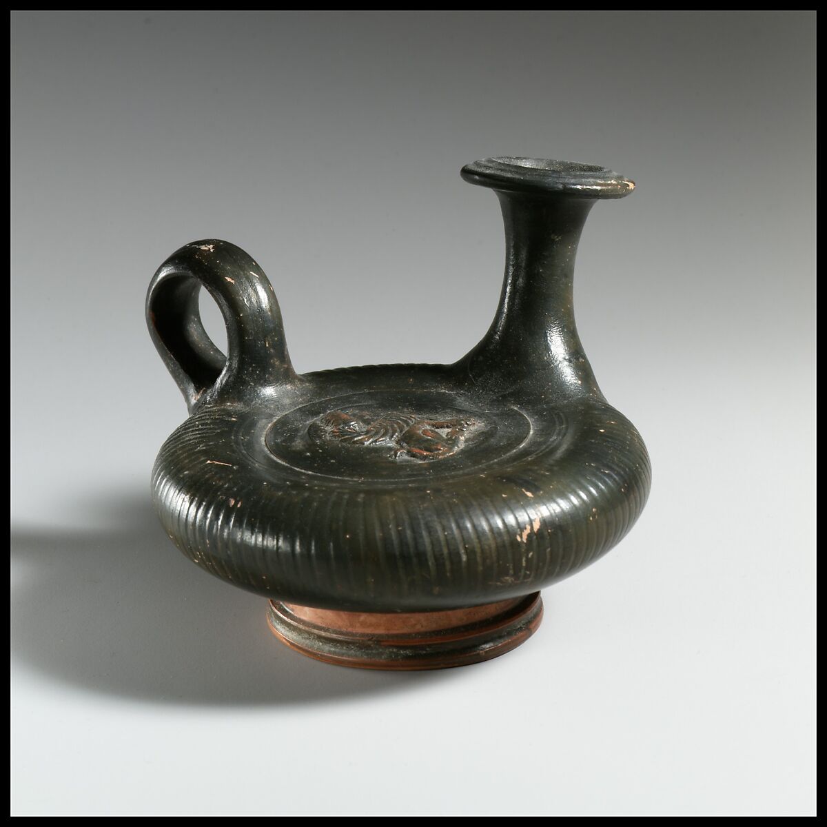 Terracotta guttus (flask with handle and verticle spout), Terracotta, Greek, South Italian, Campanian 