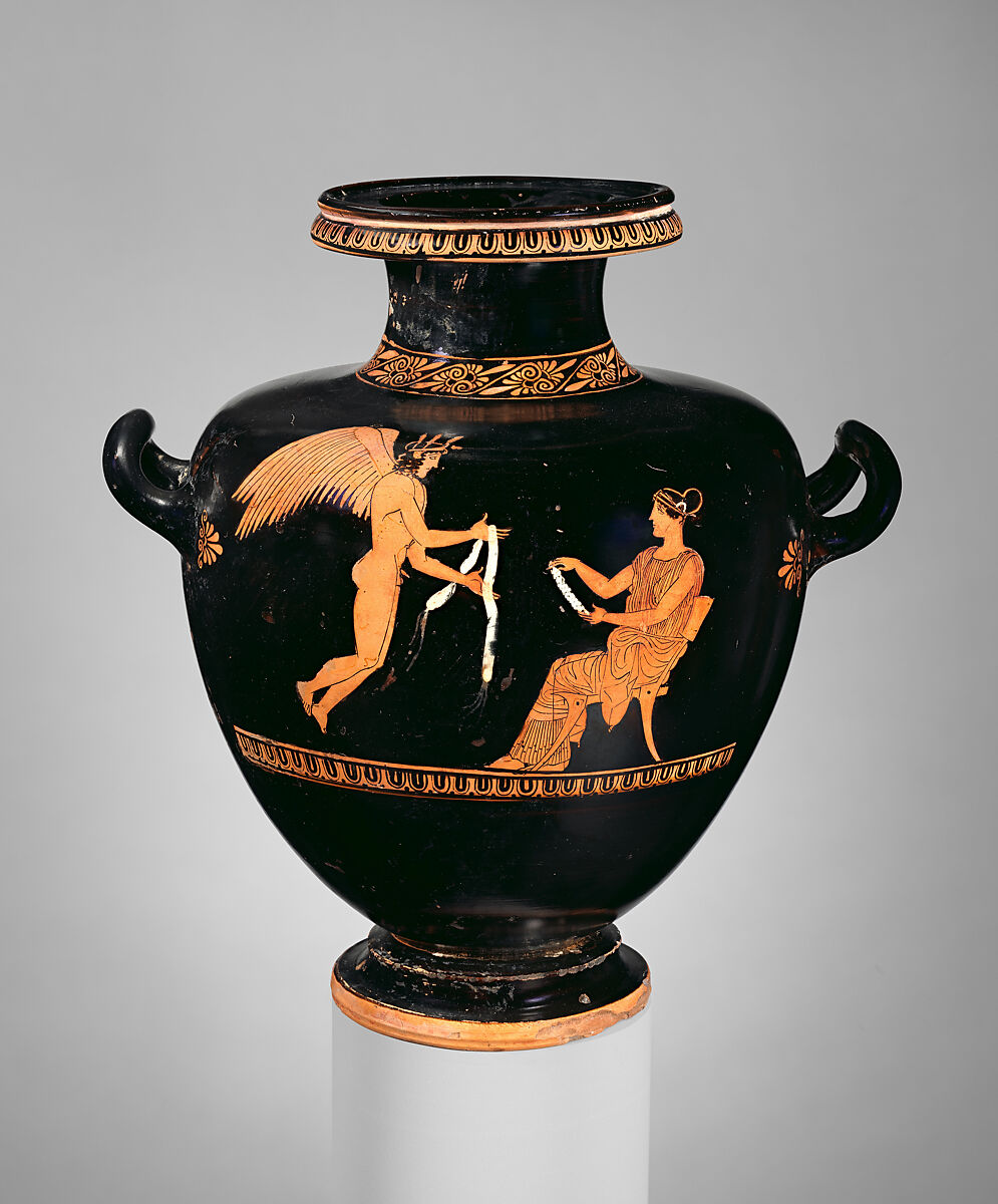 Terracotta hydria: kalpis (water jar), Attributed to the manner of the Shuvalov Painter, Terracotta, Greek, Attic 
