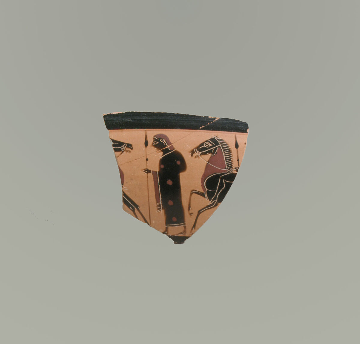 Fragment of a terracotta kylix: band-cup (drinking cup), Attributed to the Amasis Painter, Terracotta, Greek, Attic 