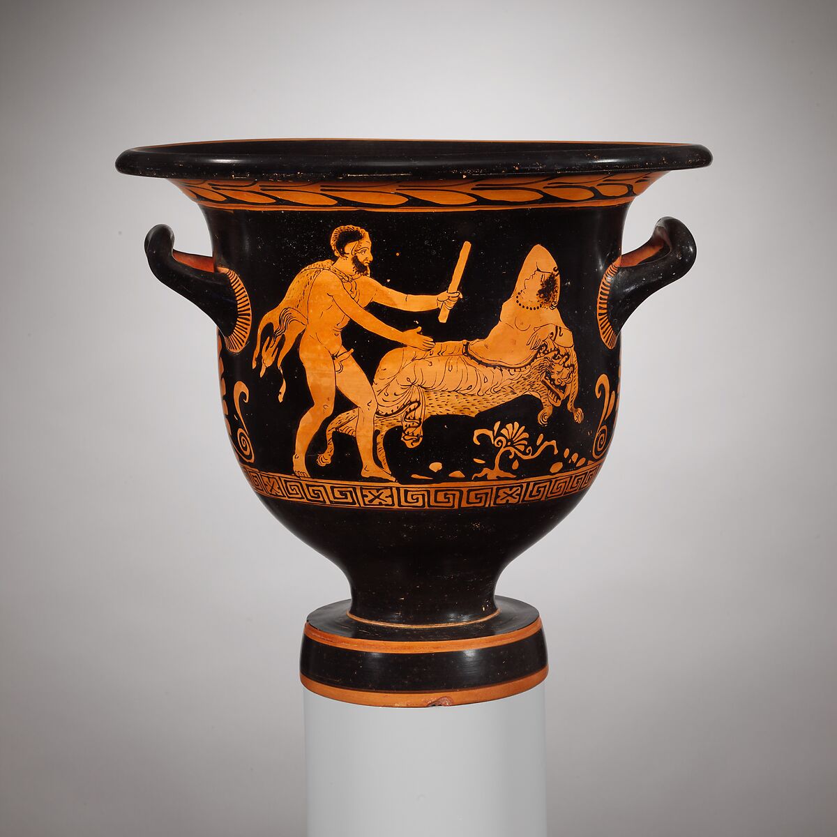 Terracotta bell-krater (mixing bowl), Connected in style with the Painter of the Long Overfalls, Terracotta, Greek, South Italian, Apulian 