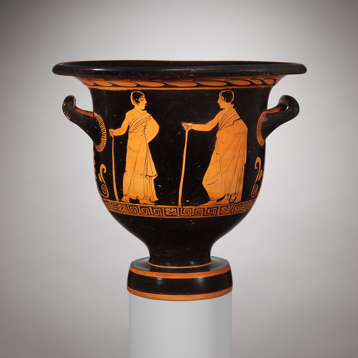 Terracotta bell-krater (mixing bowl), Connected in style with the Painter of the Long Overfalls, Terracotta, Greek, South Italian, Apulian