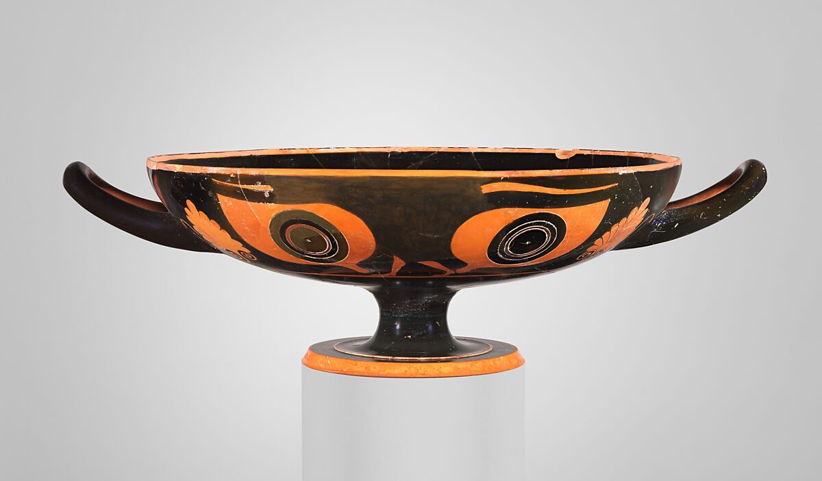 Terracotta kylix (drinking cup), Attributed to an artist near Psiax, Terracotta, Greek, Attic