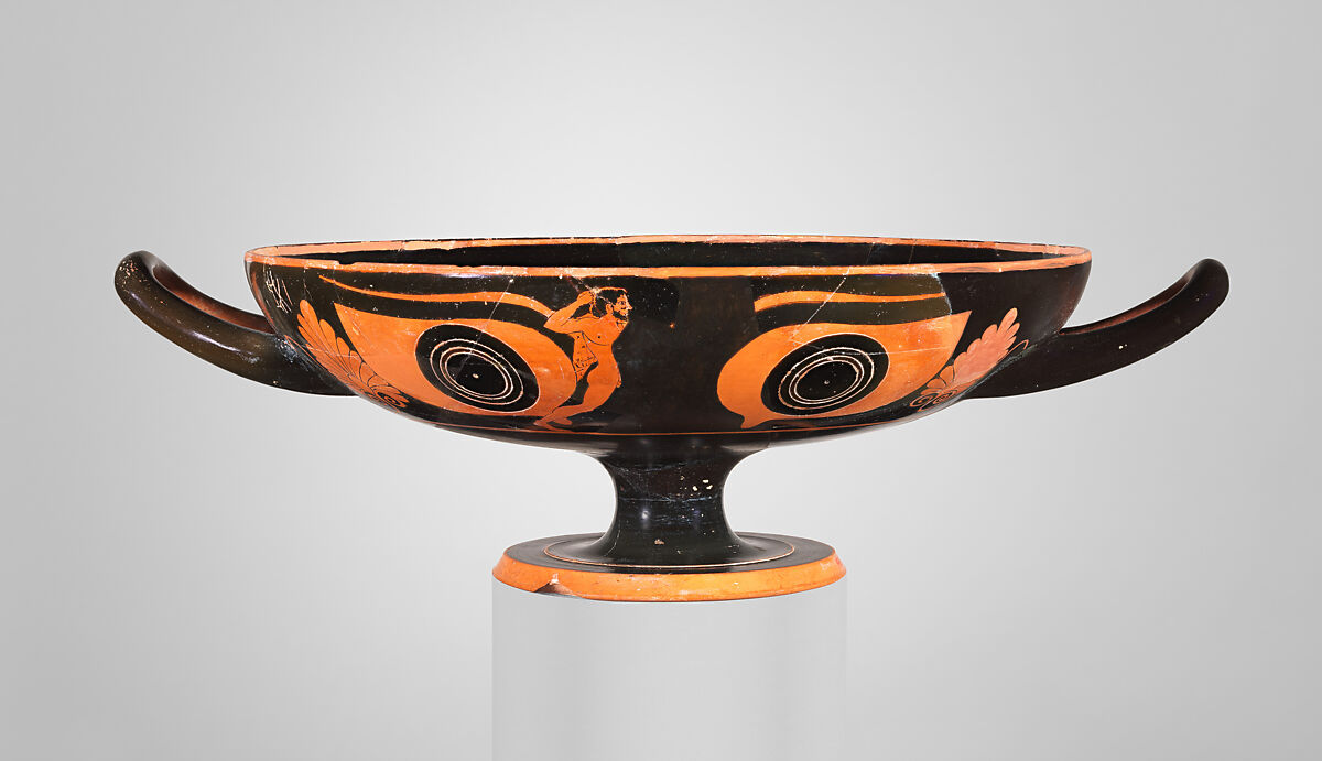 Terracotta kylix (drinking cup), Attributed to an artist near Psiax, Terracotta, Greek, Attic