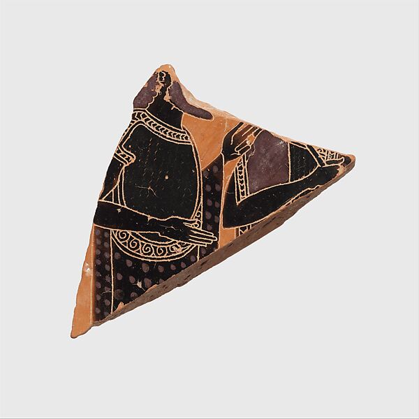 Fragment of a terracotta plate, Attributed to Lydos, Terracotta, Greek, Attic 