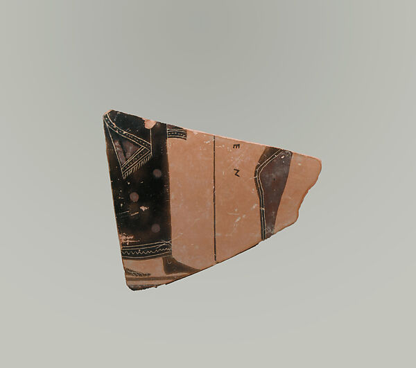 Fragment of a terrracotta amphora (jar), Attributed to the Amasis Painter, Terracotta, Greek, Attic 