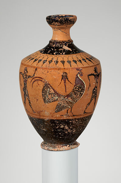 Terracotta lekythos (oil flask), Attributed to the manner of Elbows Out, Terracotta, Greek, Attic 