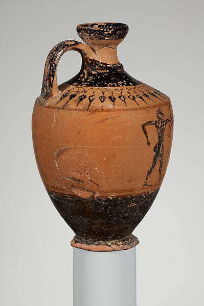 Terracotta lekythos (oil flask), Attributed to the manner of Elbows Out, Terracotta, Greek, Attic