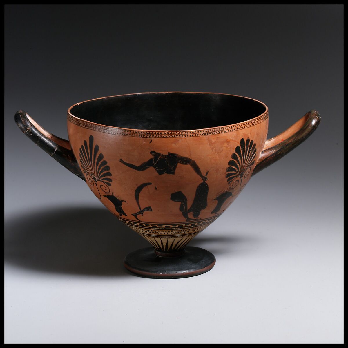 Terracotta skyphos (deep drinking cup), Attributed to or near Psiax, Terracotta, Greek, Attic 