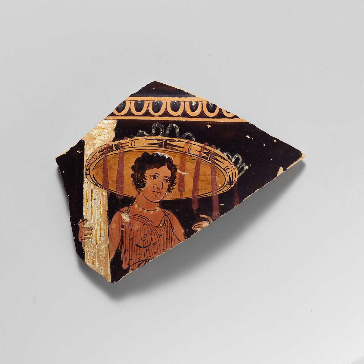 Fragment of a terracotta neck-amphora (jar), Attributed to the Painter of the Geneva Orestes, Terracotta, Greek, South Italian, Paestan 