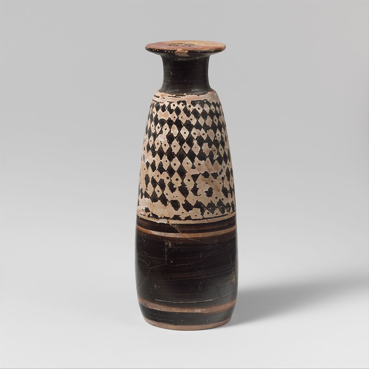 Terracotta Columbus alabastron (perfume vase), Related to the Beldam Painter, Terracotta, Greek, Attic 