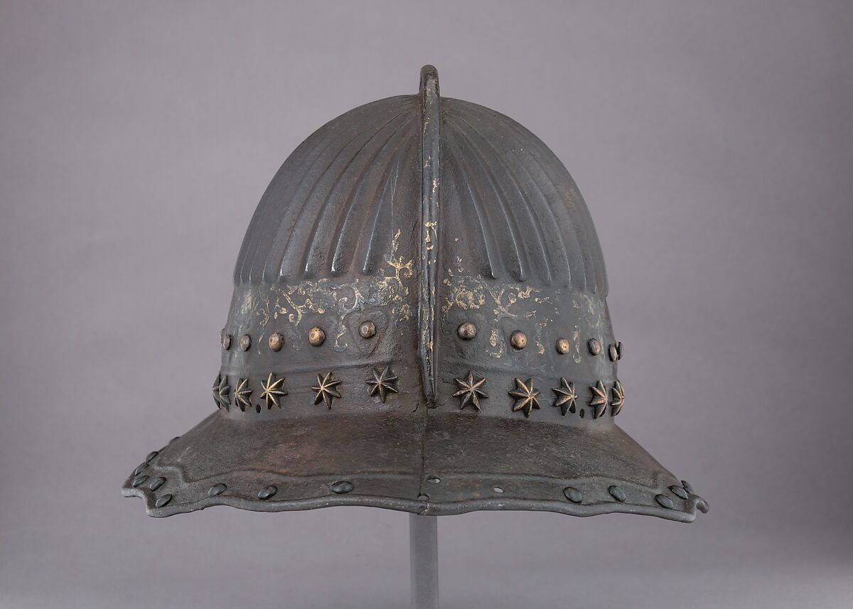 Pikeman's Helmet, Steel, lacquer, gold, brass, Dutch or Flemish, later modified in Japan