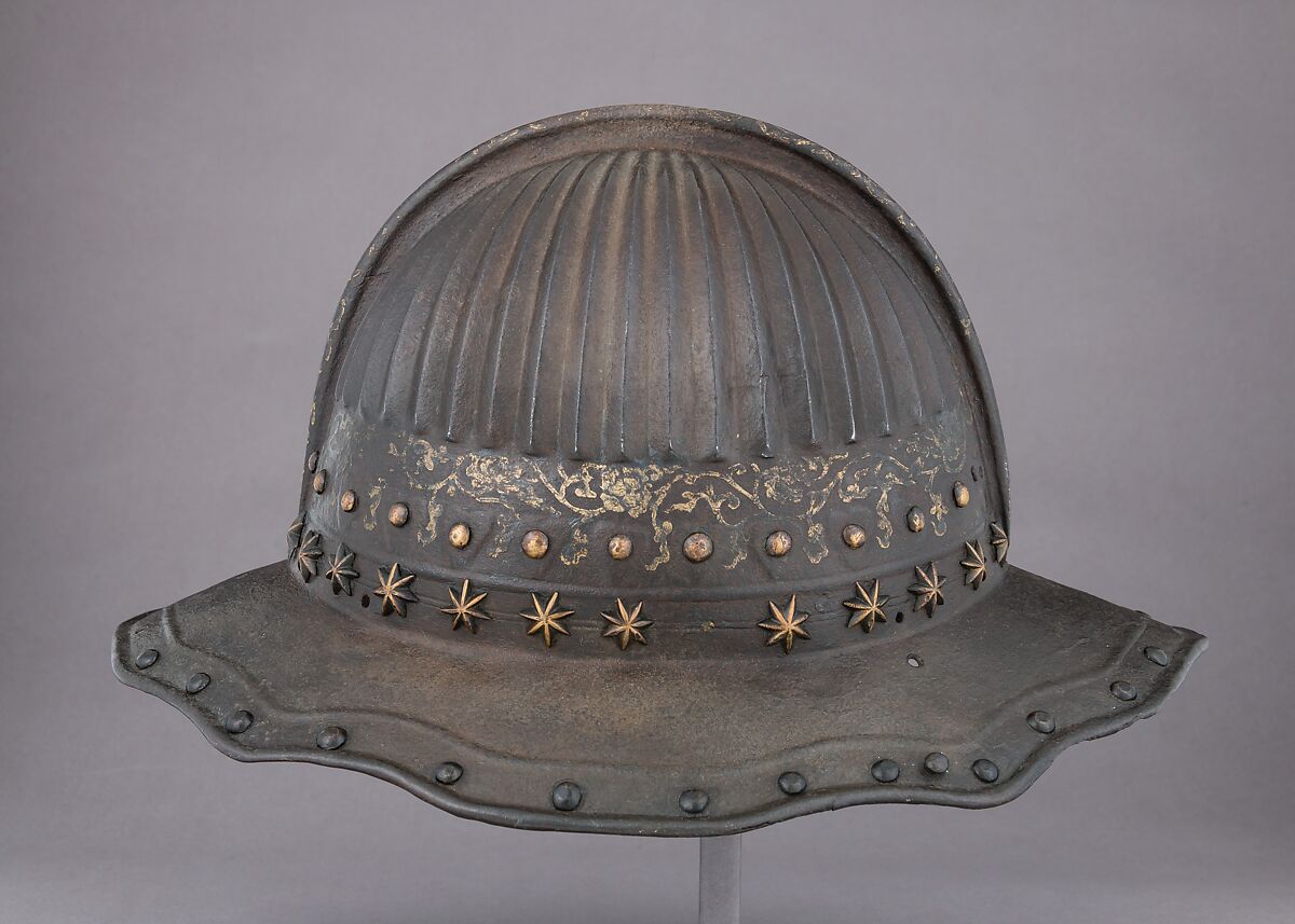 Pikeman's Helmet, Steel, lacquer, gold, brass, Dutch or Flemish, later modified in Japan