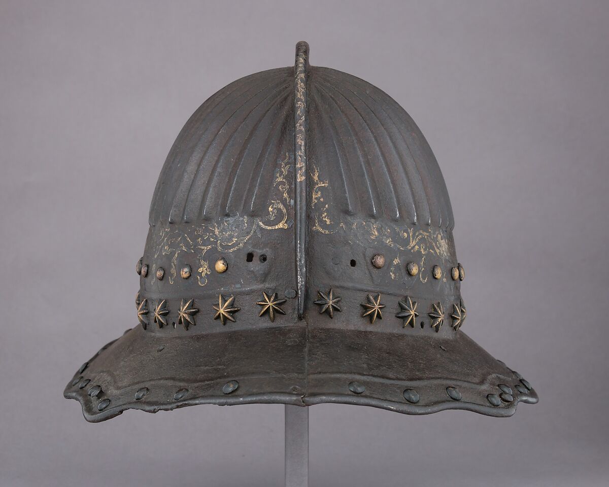 Pikeman's Helmet, Steel, lacquer, gold, brass, Dutch or Flemish, later modified in Japan