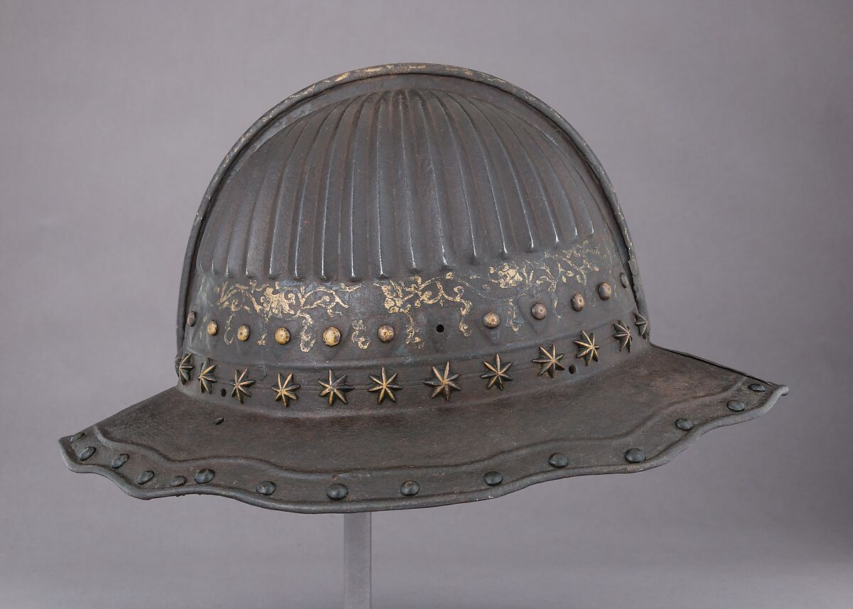 Pikeman's Helmet, Steel, lacquer, gold, brass, Dutch or Flemish, later modified in Japan