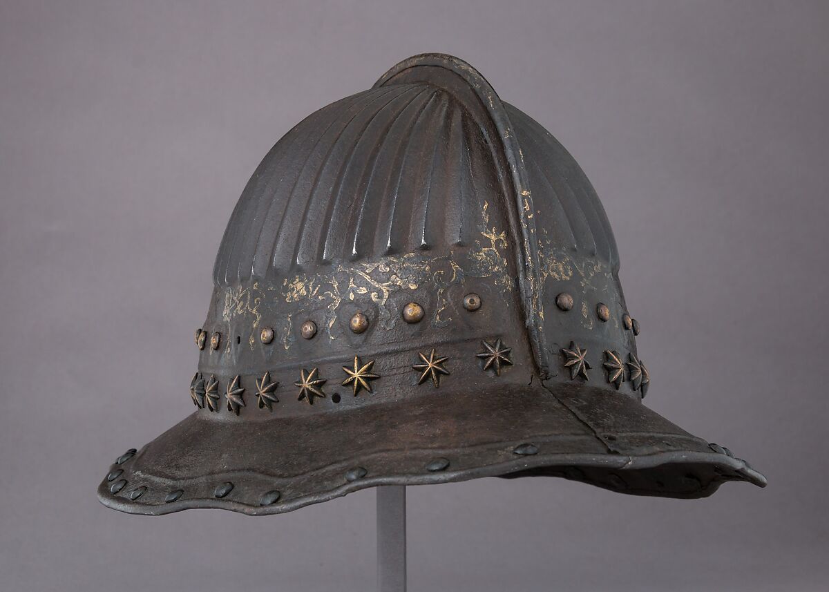 Pikeman's Helmet, Steel, lacquer, gold, brass, Dutch or Flemish, later modified in Japan 