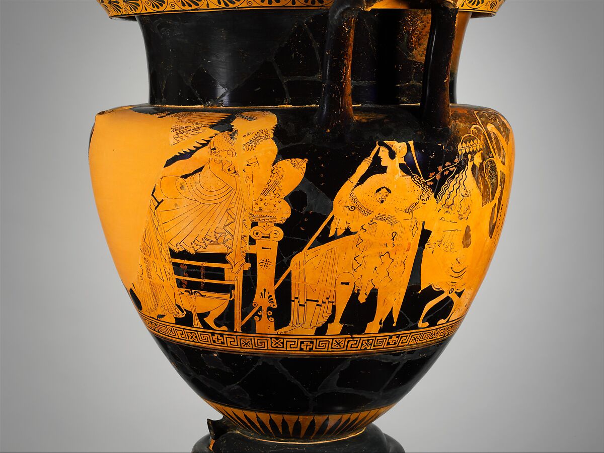 Terracotta psykter-column-krater (vase for chilling and mixing wine and water), Attributed to the Troilos Painter, Terracotta, Greek, Attic