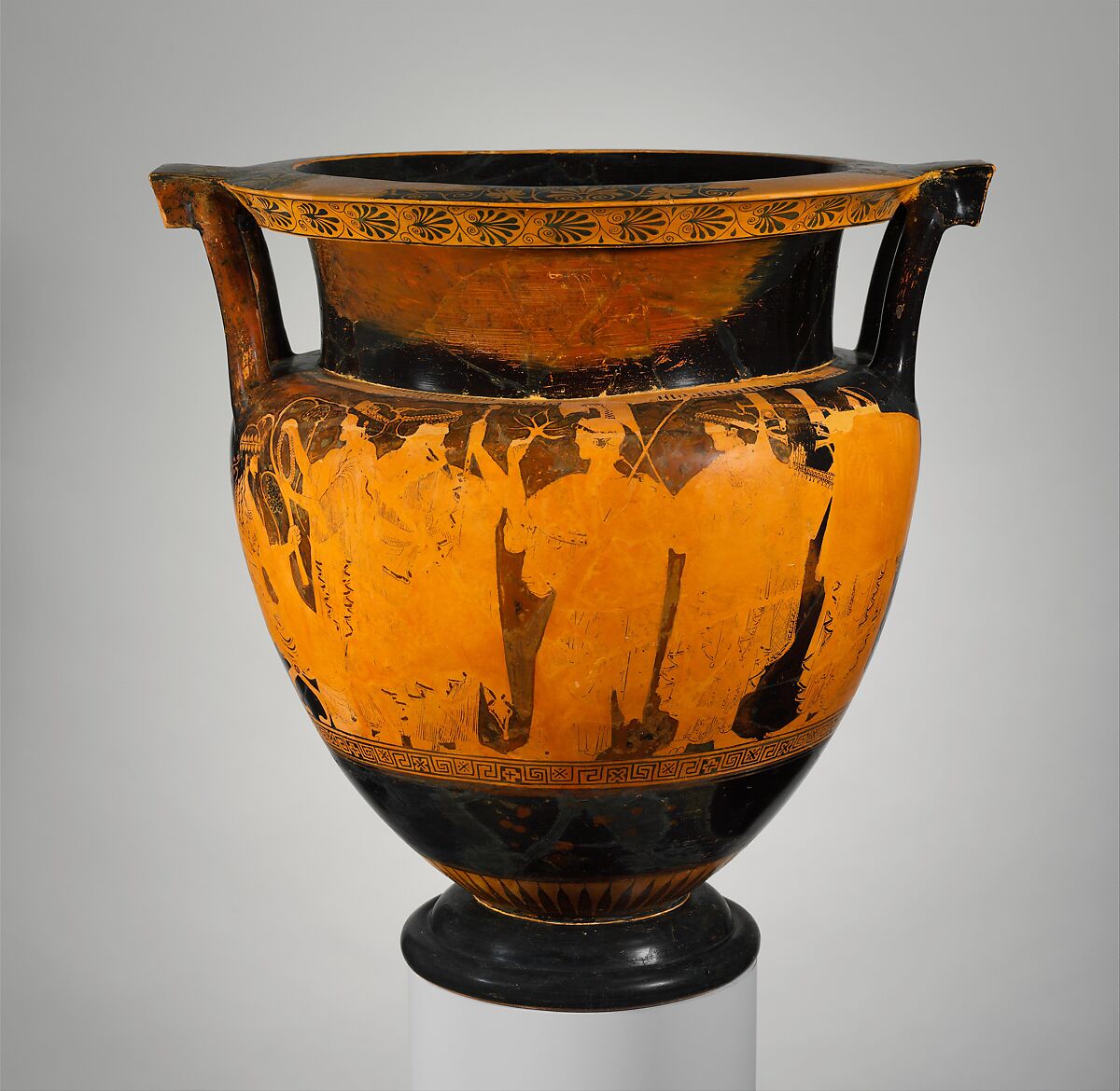 Terracotta psykter-column-krater (vase for chilling and mixing wine and water), Attributed to the Troilos Painter, Terracotta, Greek, Attic