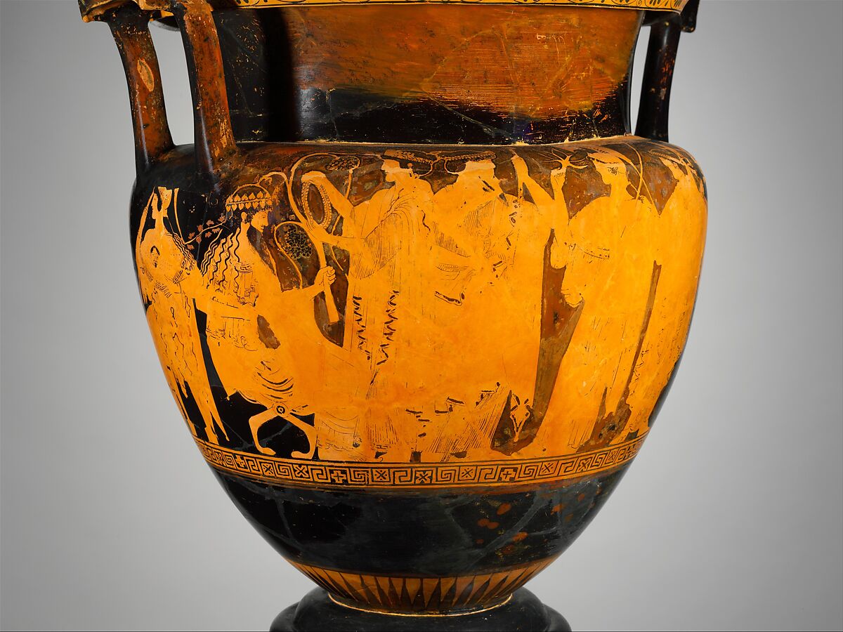Terracotta psykter-column-krater (vase for chilling and mixing wine and water), Attributed to the Troilos Painter, Terracotta, Greek, Attic